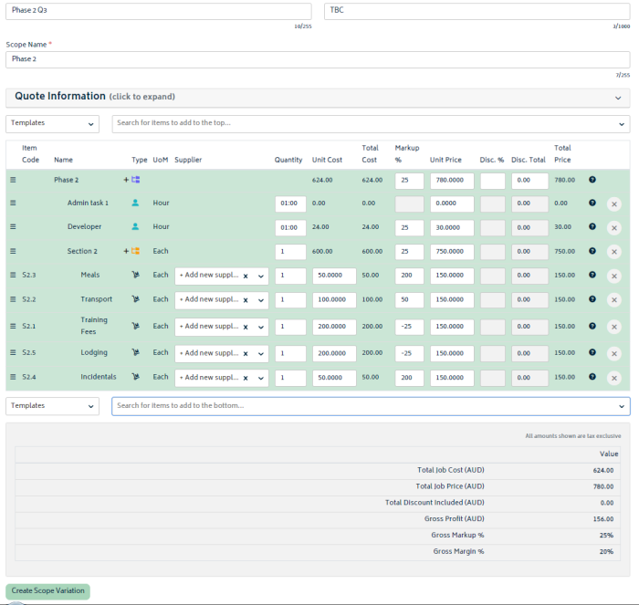 Scope Variation Variations - Gojee App: Xero Business Management Software